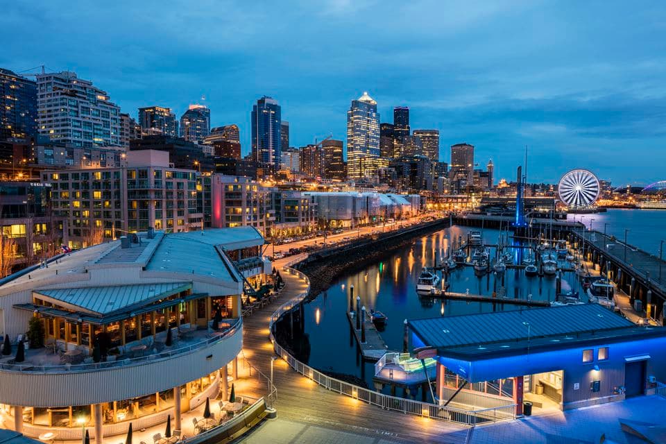 Seattle waterfront skyline at night from Pier 66
