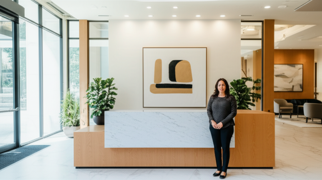Property manager in a modern apartment building lobby