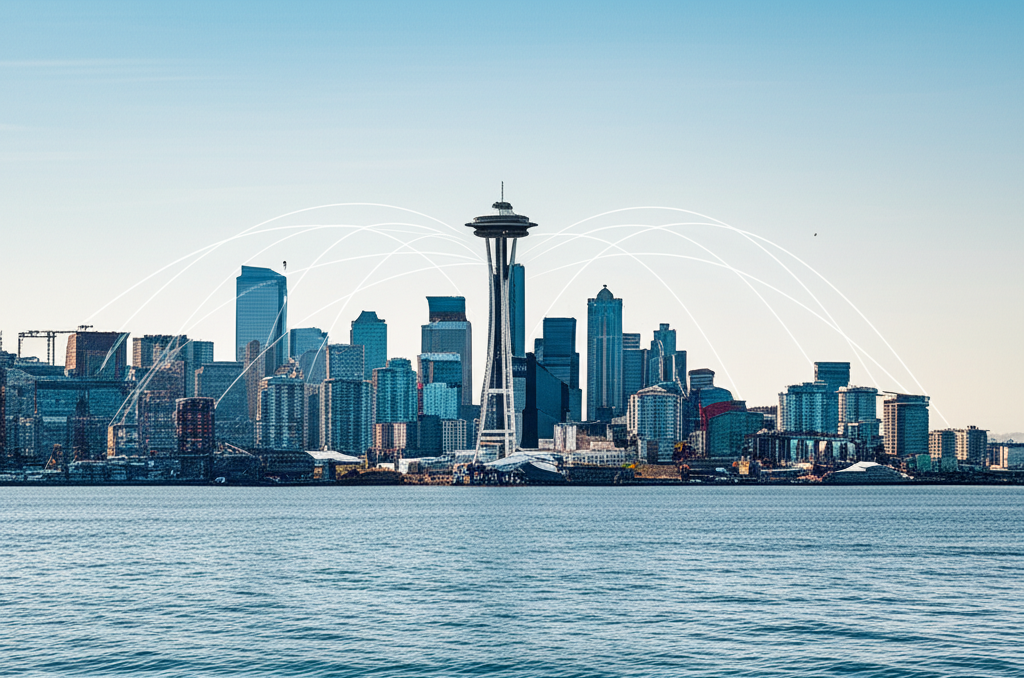 Seattle skyline with national reach visualization